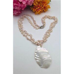 Beaded Pearl Necklace 2 Strand Blush Baroque 16" Carved MOP Pendant 14K GF Clasp